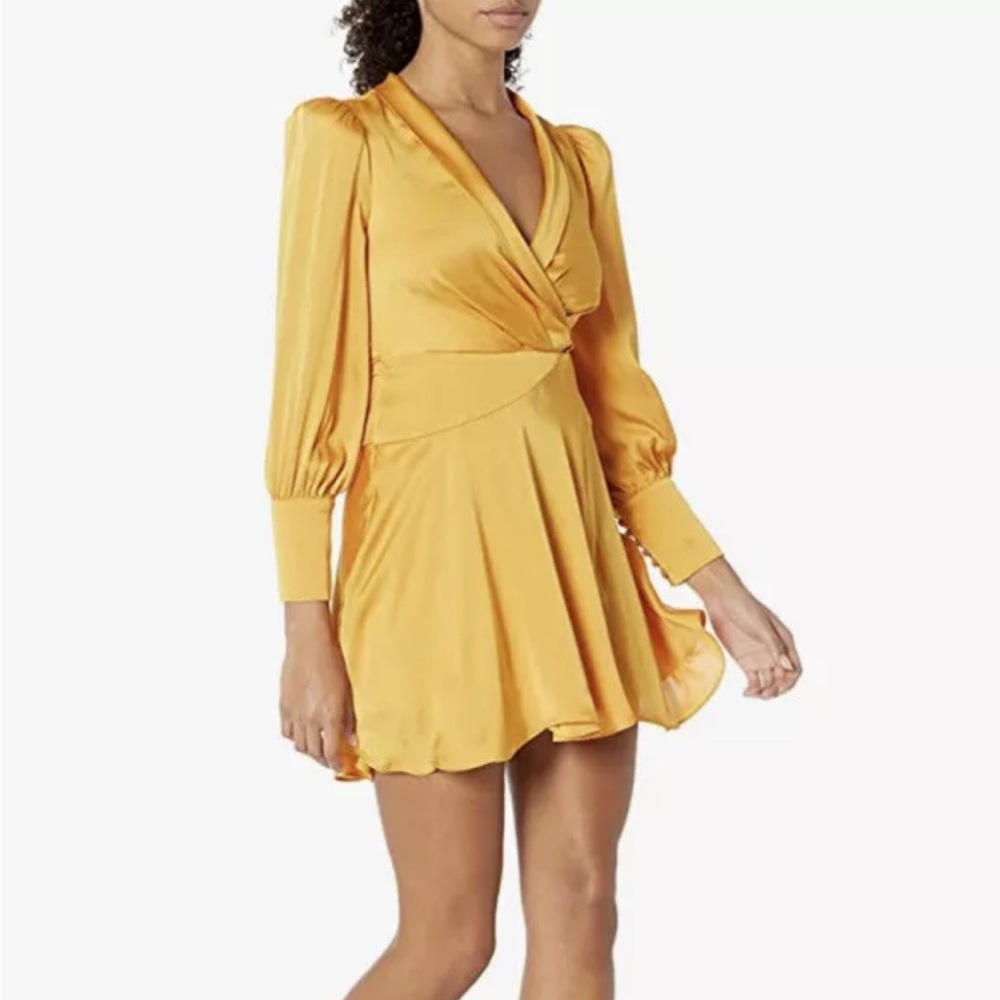 BCBG MAXAZRIA Golden Glow Satin Wrap Fit Flare Ruffle Dress Size 0